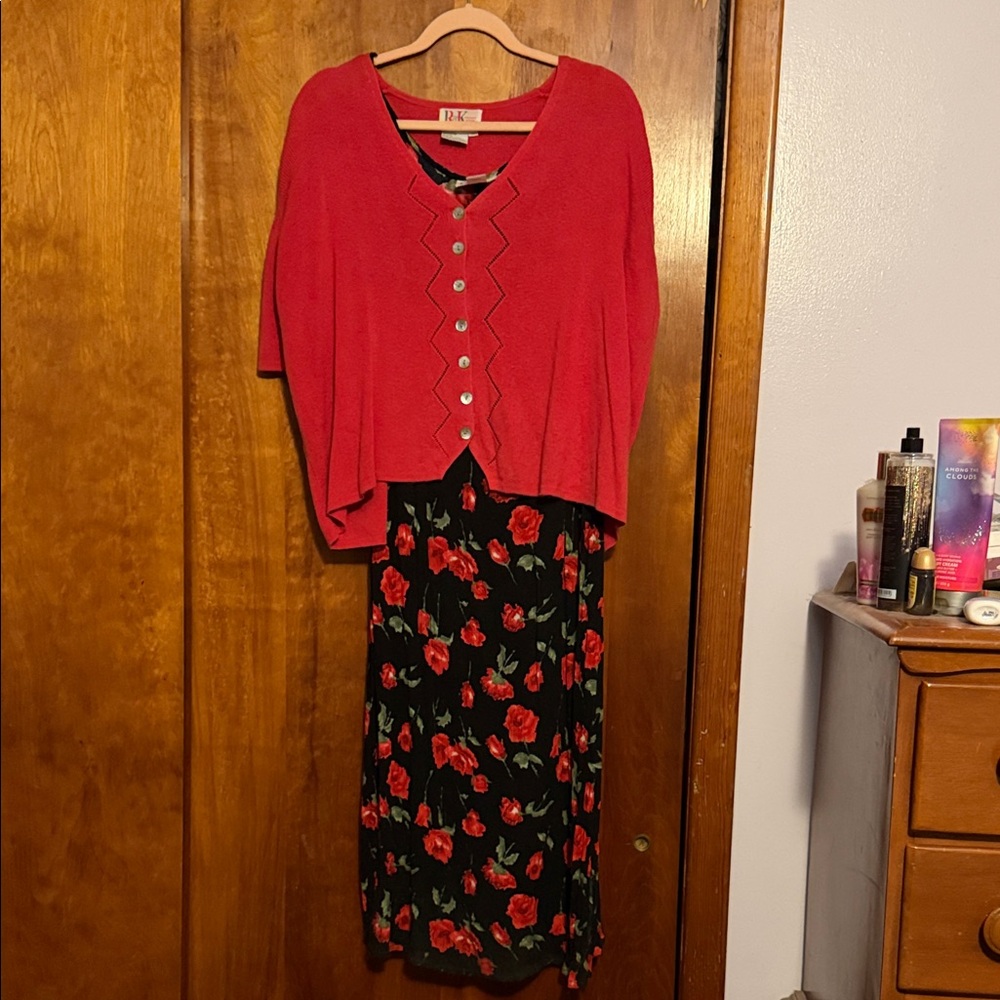 R&K Red Rayon Cardigan with Subtle Black Trim